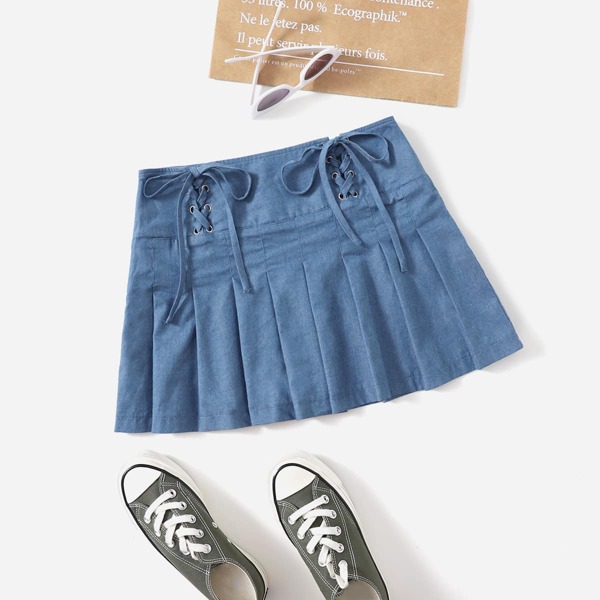 

Lace Up Waist Pleated Skirt, Blue
