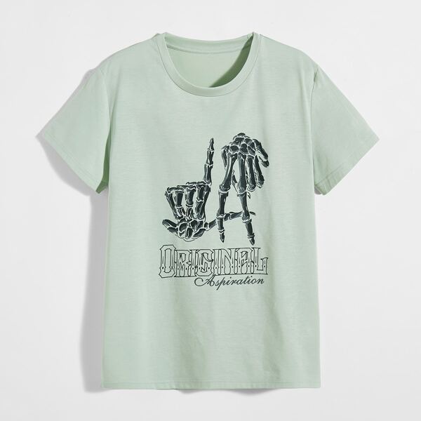 

Men Skeleton And Letter Graphic Tee, Mint green