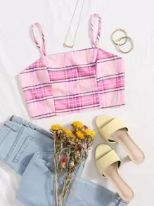 SHEIN Unity Plaid Print Cami Crop Top - Pink - View 1