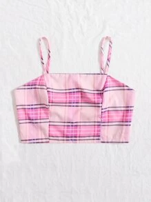 SHEIN Unity Plaid Print Cami Crop Top - Pink - View 5
