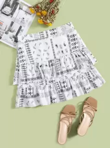 佩斯利印花多層下擺半身裙