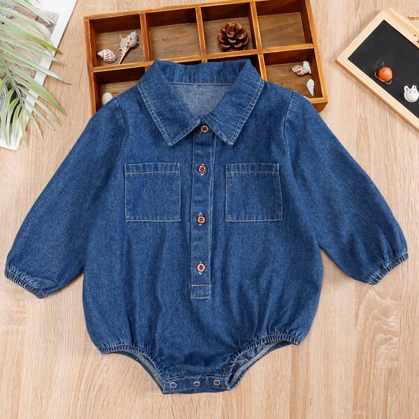 

Baby Pocket Patched Button Front Denim Bodysuit, Dark wash