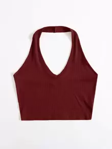 Muchica 羅紋針織短版繞頸上衣 - 酒紅色 - 查看 3