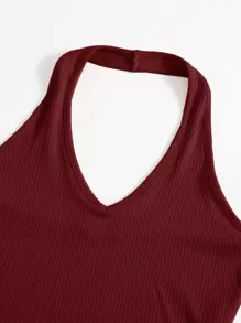 Muchica 羅紋針織短版繞頸上衣 - 酒紅色 - 查看 5