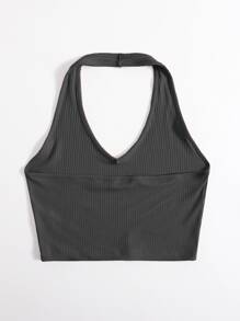 SHEIN EZwear Rib-Knit Crop Halter Top - Dark Grey - View 2