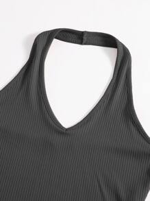 SHEIN EZwear Rib-Knit Crop Halter Top - Dark Grey - View 4