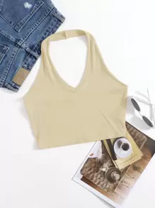SHEIN EZwear Rib-Knit Crop Halter Top - Khaki - View 1
