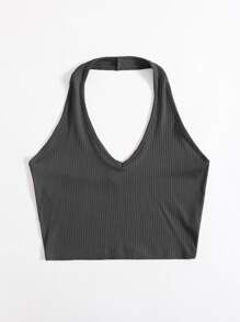 SHEIN EZwear Rib-Knit Crop Halter Top - Dark Grey - View 5