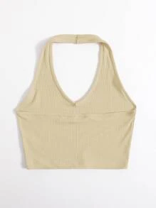 SHEIN EZwear Rib-Knit Crop Halter Top - Khaki - View 2