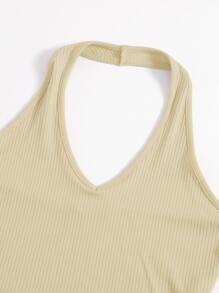 SHEIN EZwear Rib-Knit Crop Halter Top - Khaki - View 3