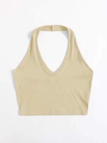 SHEIN EZwear Rib-Knit Crop Halter Top - Khaki - View 4