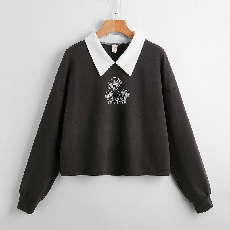 

Mushroom Print Colorblock Sweatshirt, Dark grey