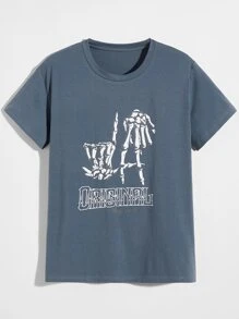 Manfinity Camiseta con estampado de esqueleto y letra - Gris - Ver 1