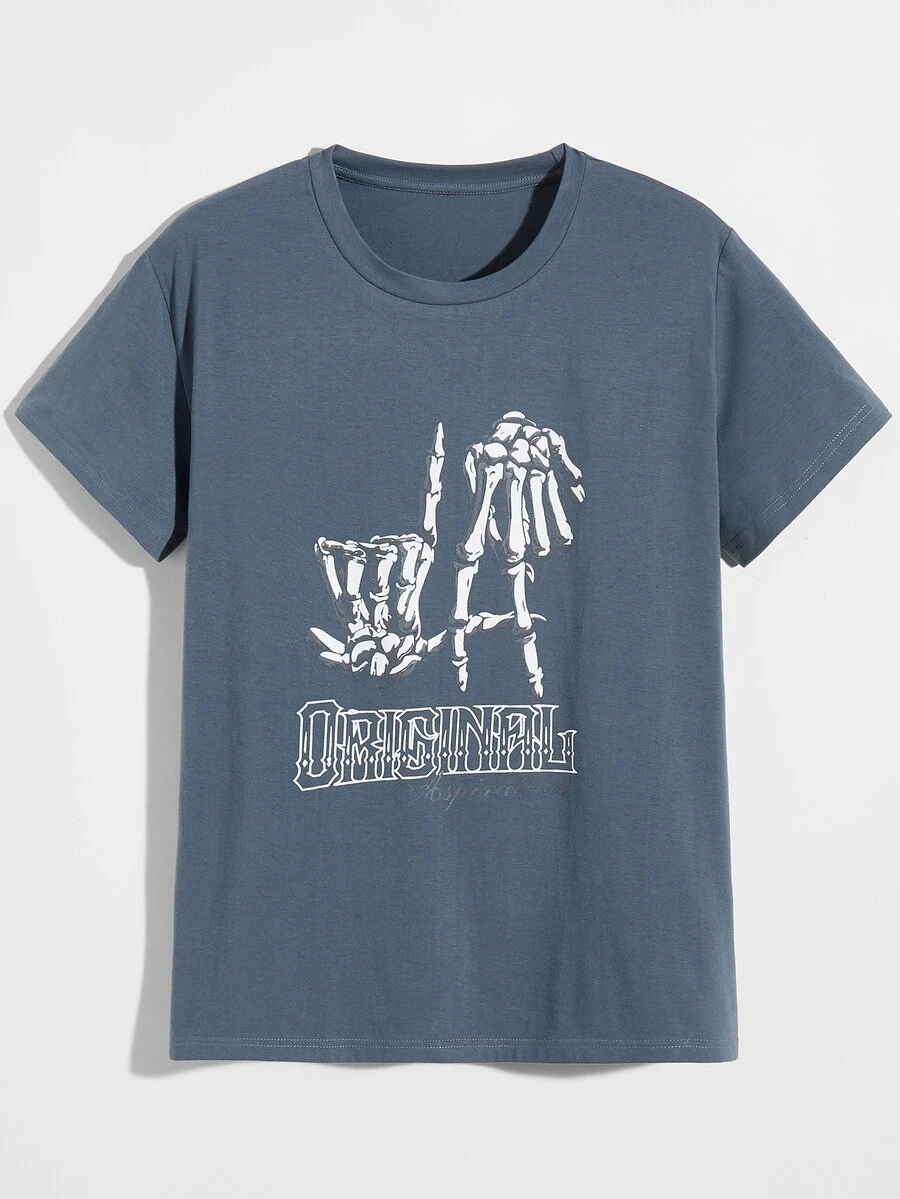 Manfinity Camiseta con estampado de esqueleto y letra - Gris - Ver 1