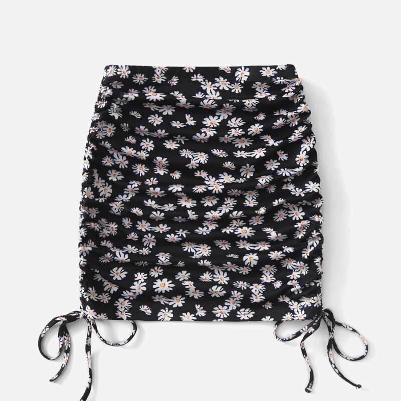 

Daisy Print Drawstring Side Skirt, Black and white