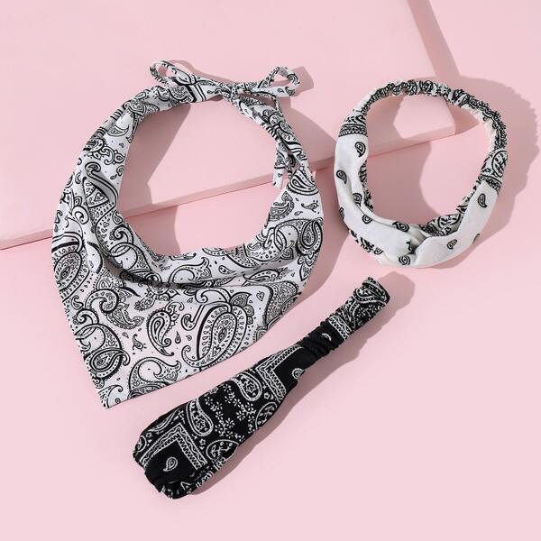 

3pcs Paisley Print Headband, Black and white