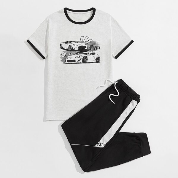 

Men Car And Japanese Letter Graphic Ringer Tee & Contrast Side Seam Pants, Multicolor