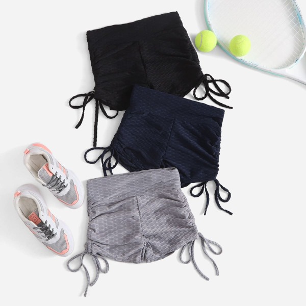 

3pcs Solid Drawstring Side Honeycomb Textured Sports Shorts, Multicolor