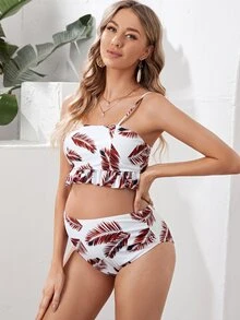 SHEIN Conjunto de bikini con volantes en el bajo para embarazadas, ideal para el verano en la playa - Multicolor - Ver 4