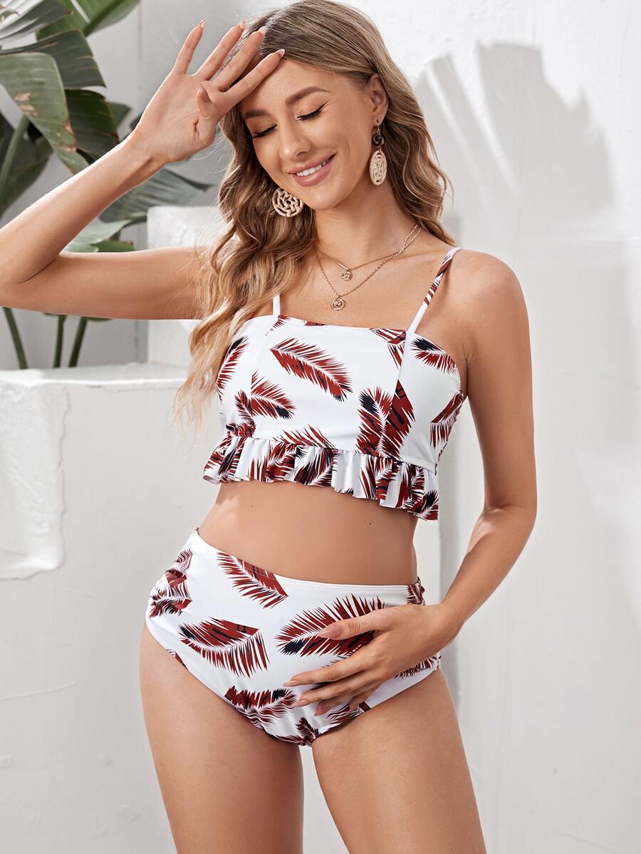 SHEIN Conjunto de bikini con volantes en el bajo para embarazadas, ideal para el verano en la playa - Multicolor - Ver 1