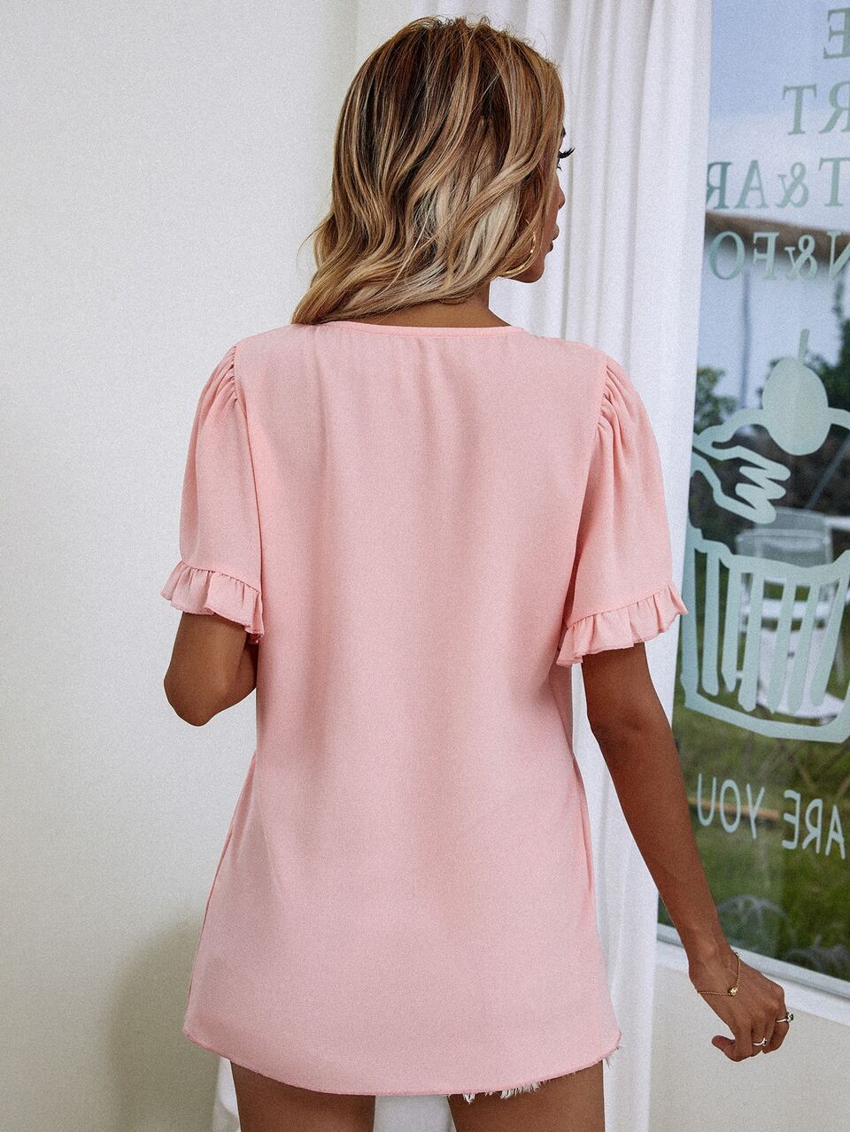 Solid Ruffle Cuff Top