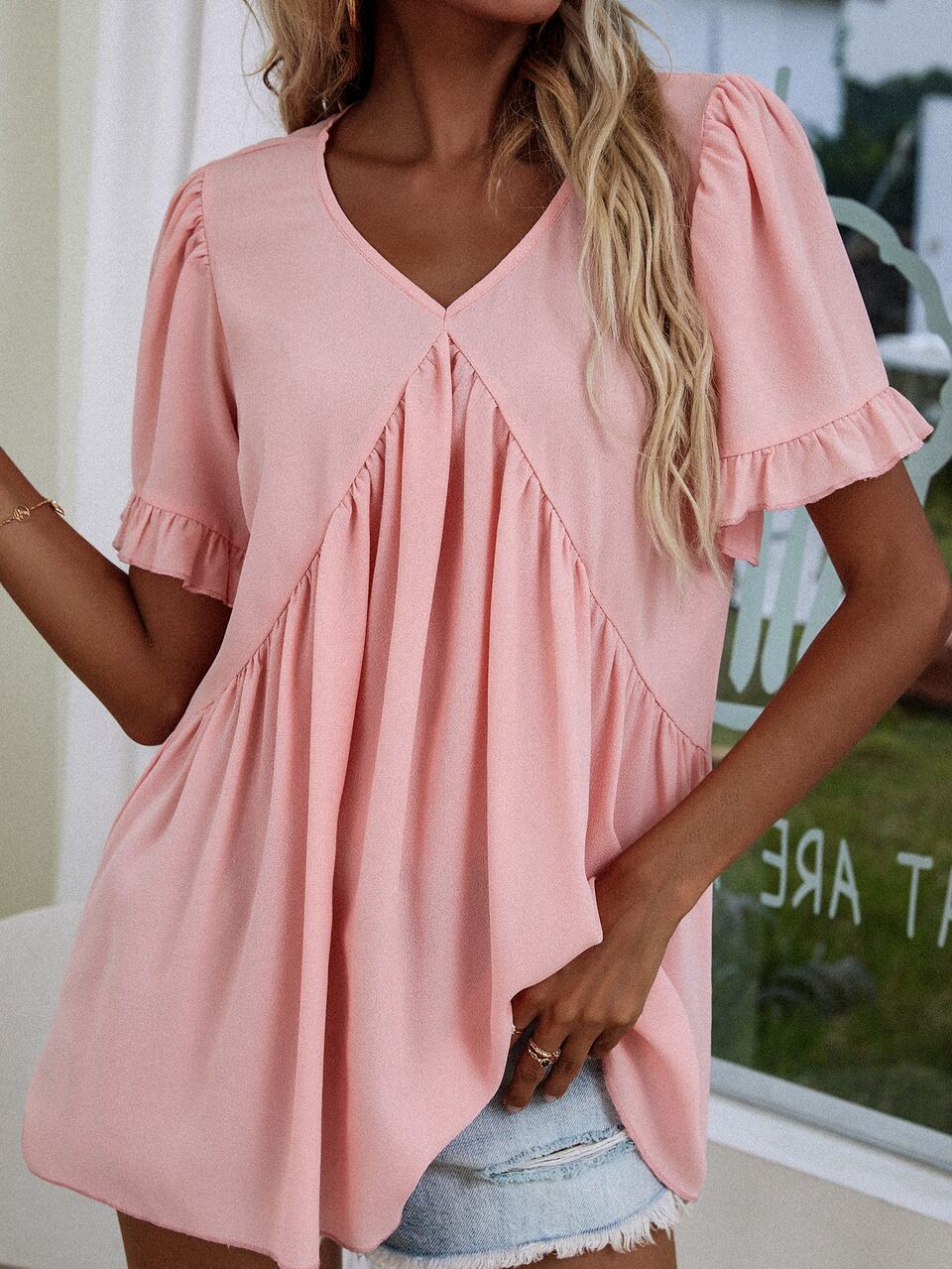 Solid Ruffle Cuff Top