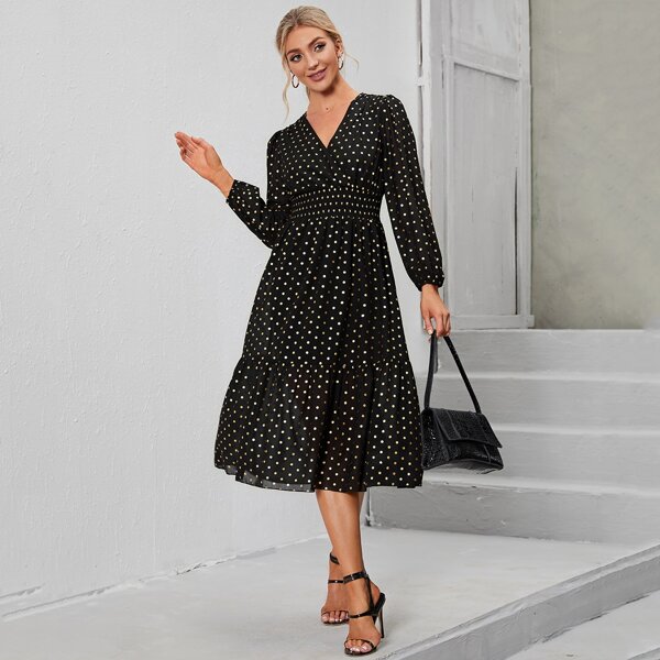 

Surplice Neck Gold Dot Print Shirred Waist A-Line Dress, Black