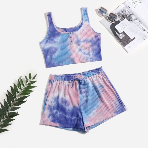 

Plus Tie Dye Tank Top & Rolled Hem Shorts Set, Multicolor