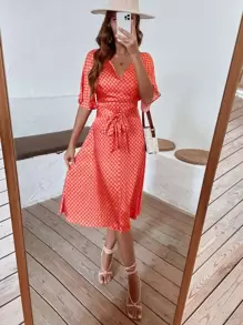 Vestido línea A con estampado con cordón delantero - Rojo - Ver 1