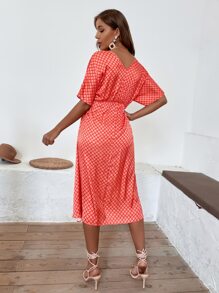 Vestido línea A con estampado con cordón delantero - Rojo - Ver 2