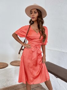 Vestido línea A con estampado con cordón delantero - Rojo - Ver 3