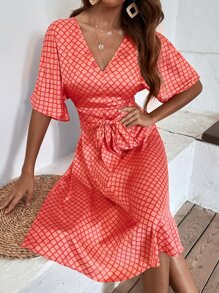 Vestido línea A con estampado con cordón delantero - Rojo - Ver 5