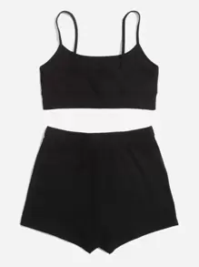 SHEIN EZwear Summer Outfits Letter Embroidered Cami Top & Shorts Set - Black - View 3