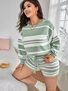 大碼撞色帶抽繩針織短套頭毛衣 - 彩色 - 查看 1