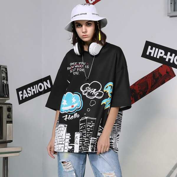 

Slogan And Building Graphic Drop Shoulder Tee, Multicolor