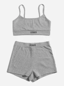 Muchica Conjunto top de tirantes con bordado de letra con shorts - Gris Claro - Ver 4