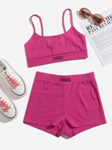 SHEIN EZwear 字母刺繡吊帶上衣和短褲套裝 - 玫紅色 - 查看 1