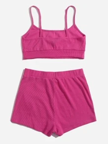 SHEIN EZwear 字母刺繡吊帶上衣和短褲套裝 - 玫紅色 - 查看 2
