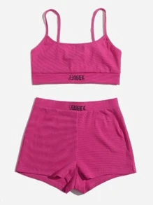 SHEIN EZwear 字母刺繡吊帶上衣和短褲套裝 - 玫紅色 - 查看 3