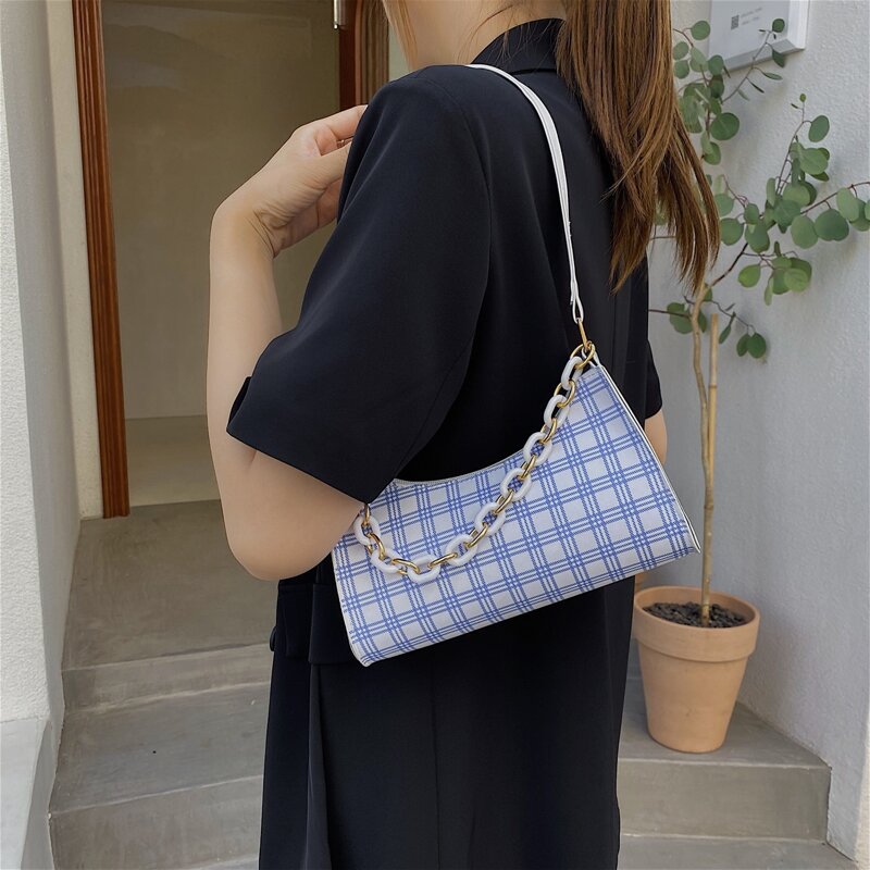 

Plaid Shoulder Bag, Blue and white