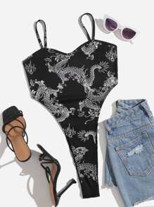 SHEIN EZwear Chinese Dragon Print Cami Bodysuit