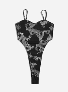SHEIN EZwear Chinese Dragon Print Cami Bodysuit