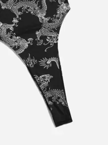 SHEIN EZwear Chinese Dragon Print Cami Bodysuit