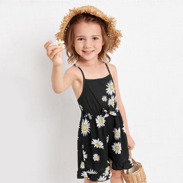 

Toddler Girls Floral Print Cami Romper, Black