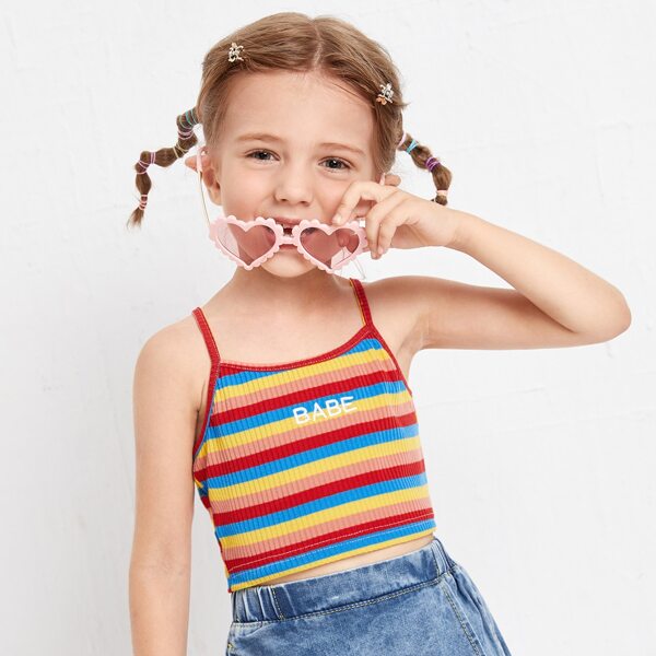 

Toddler Girls Letter Embroidery Striped Tank Top, Multicolor