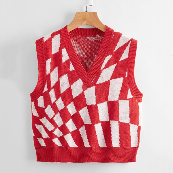 

V-neck Checkered Knit Vest Top, Red