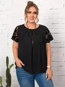 EMERY ROSE Plus Embroidery Mesh Top - Black - View 1