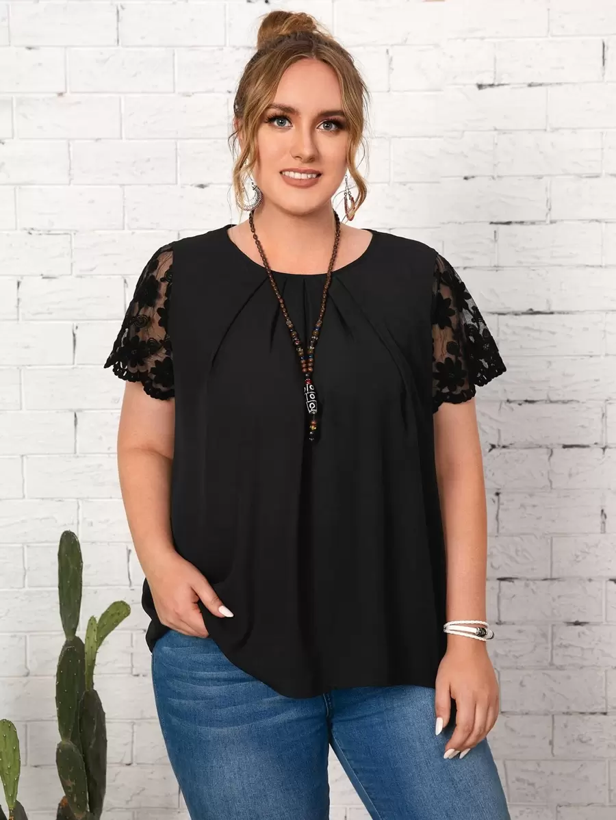 EMERY ROSE Plus Embroidery Mesh Top - Black - View 1