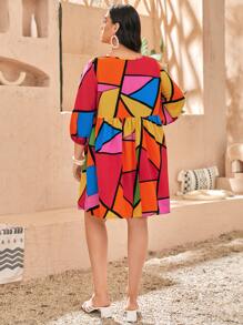 SHEIN Unity 大碼幾何印花燈籠袖娃娃裙 - 彩色 - 查看 2