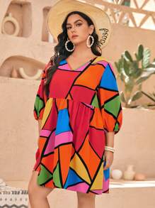 SHEIN Unity 大碼幾何印花燈籠袖娃娃裙 - 彩色 - 查看 3